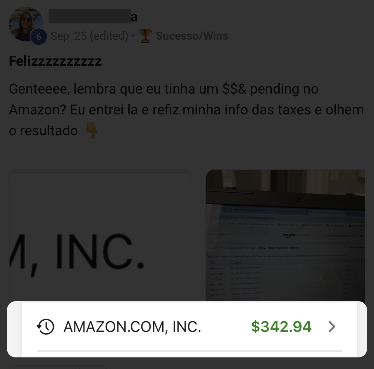 Aluna Simone: pagamento recebido da Amazon