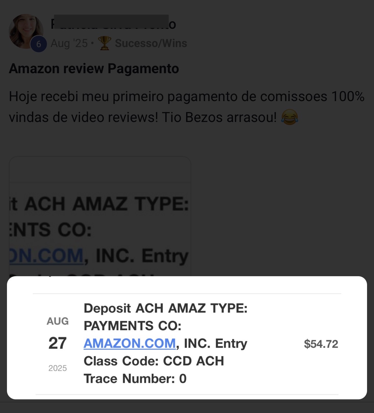 Aluna Patricia: primeiro pagamento de comissões de video reviews